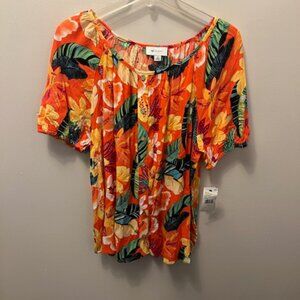 Women's New w/tags AB Studio Blouse, Size M, Orange, Tropical Floral Design
